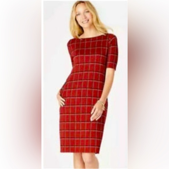 J. Jill Short Sleeve Ponte Rustic Brick Red Plaid Shift Dresss - Picture 1 of 8